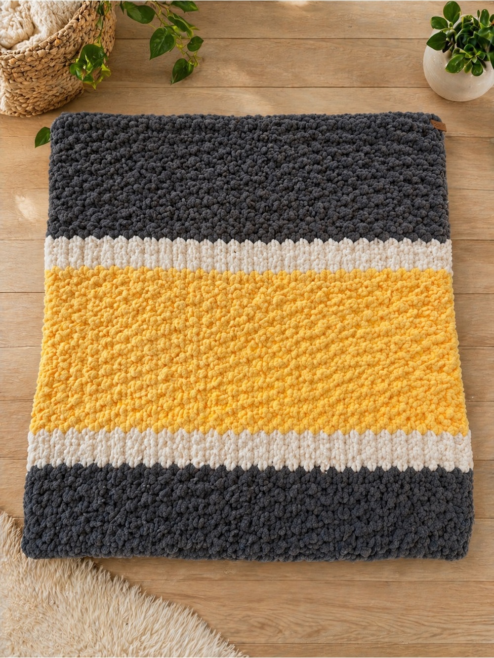 Chunky Textured Stripe Throw in Charcoal, Cream & Yellow